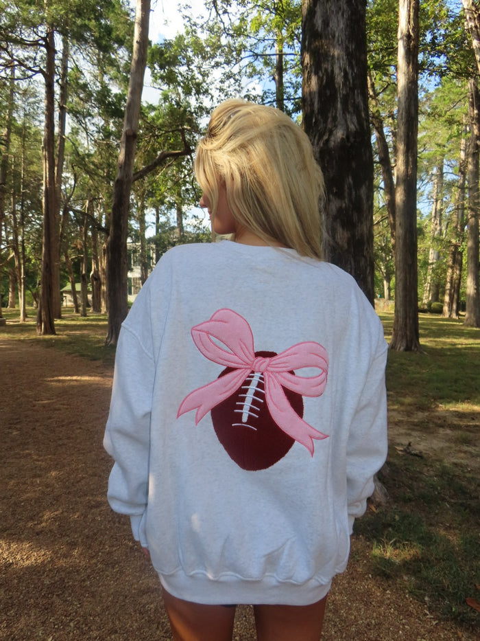 Pearl Grey Pink Bow Football Game Day Embroider Sweatshirt