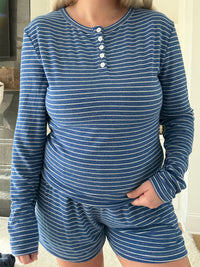 Striped Soft Button Loungewear Long Sleeve Top