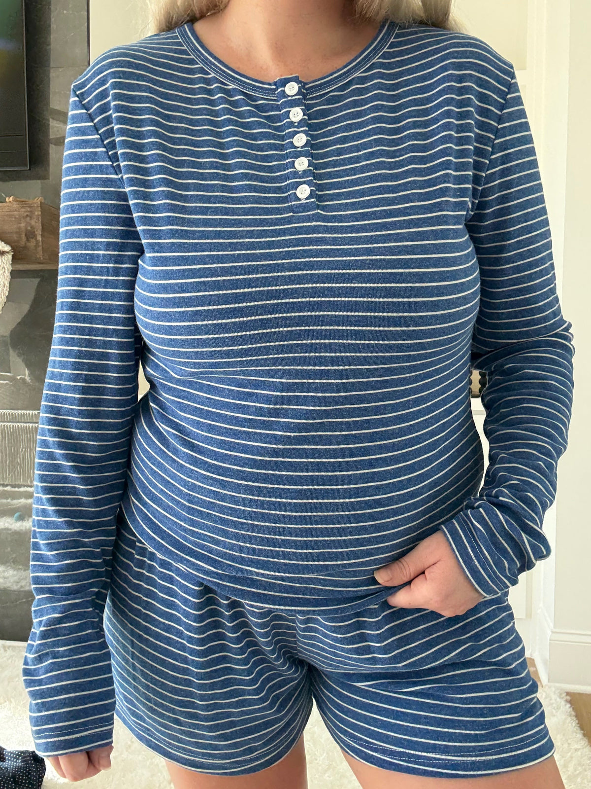 Striped Soft Button Loungewear Long Sleeve Top