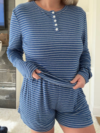 Striped Soft Button Loungewear Long Sleeve Top