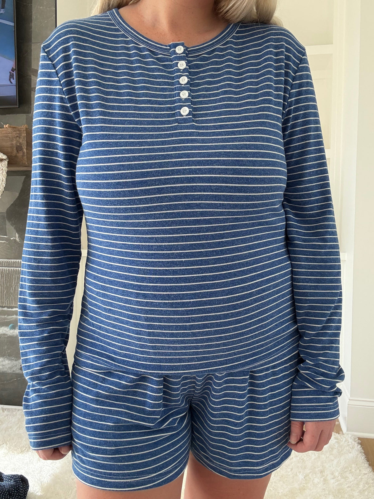 Striped Soft Button Loungewear Long Sleeve Top