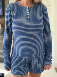Striped Soft Button Loungewear Long Sleeve Top