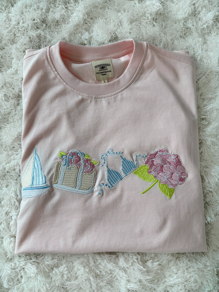 Midweight Pale Pink Old Harbor Garden Embroider Tee