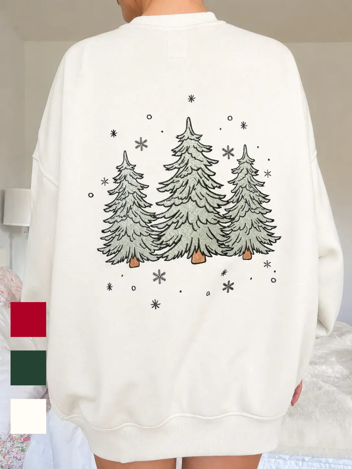 Sparkling Christmas Tree Embroidered Crewneck Sweatshirts