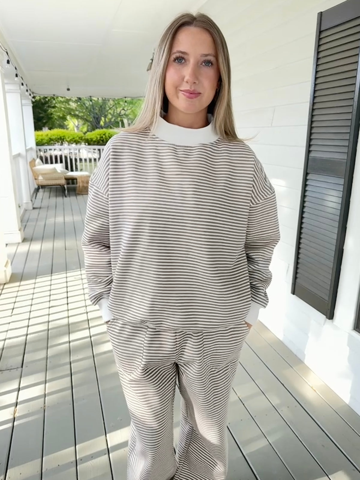 Brown and White Big Striped Mockneck Sweatshirt
