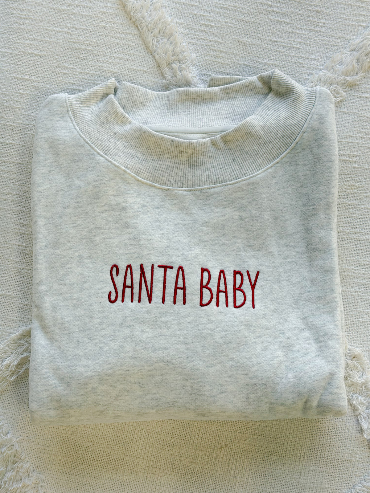 Pearl Grey Santa Baby Embroidered Mockneck Sweatshirt 100% Cotton