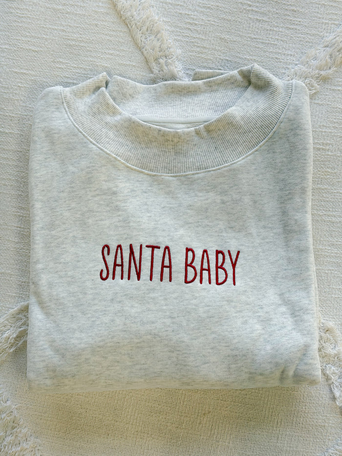 Pearl Grey Santa Baby Embroidered Mockneck Sweatshirt 100% Cotton