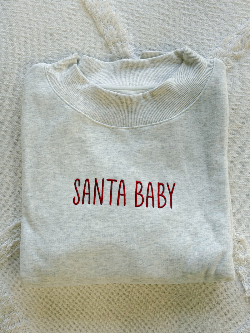 Pearl Grey Santa Baby Embroidered Mockneck Sweatshirt 100% Cotton