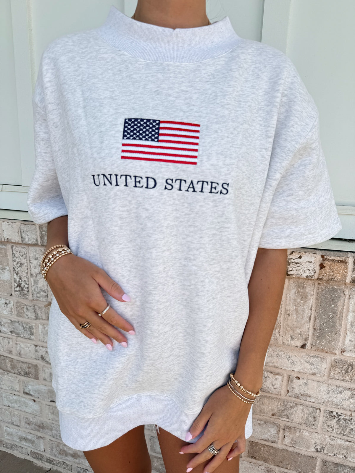 United States Flag Embroider Mockneck Short Sleeve Sweatshirt