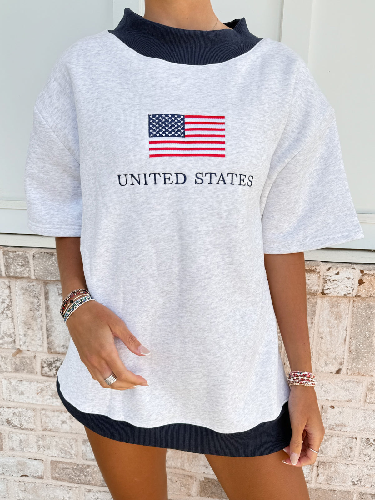 United States Flag Embroider Mockneck Short Sleeve Sweatshirt