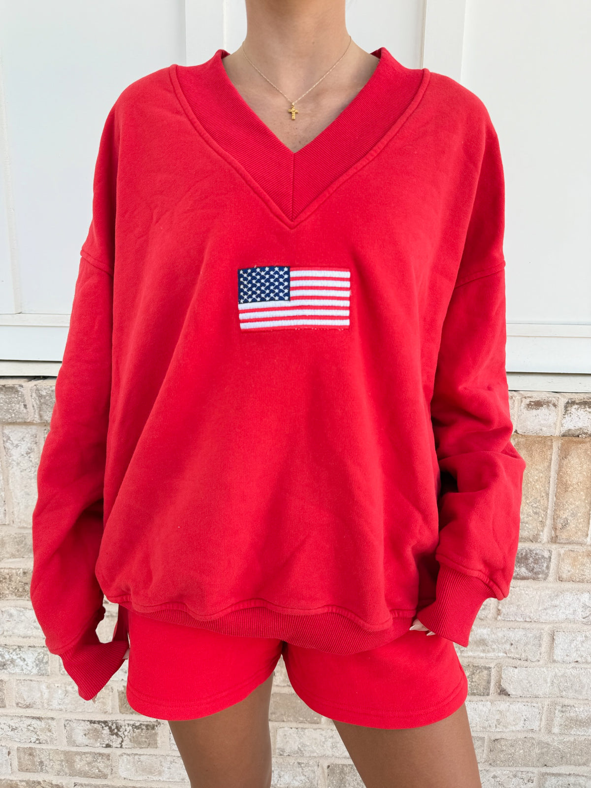 American Flag Embroider V-Neck Sweatshirt
