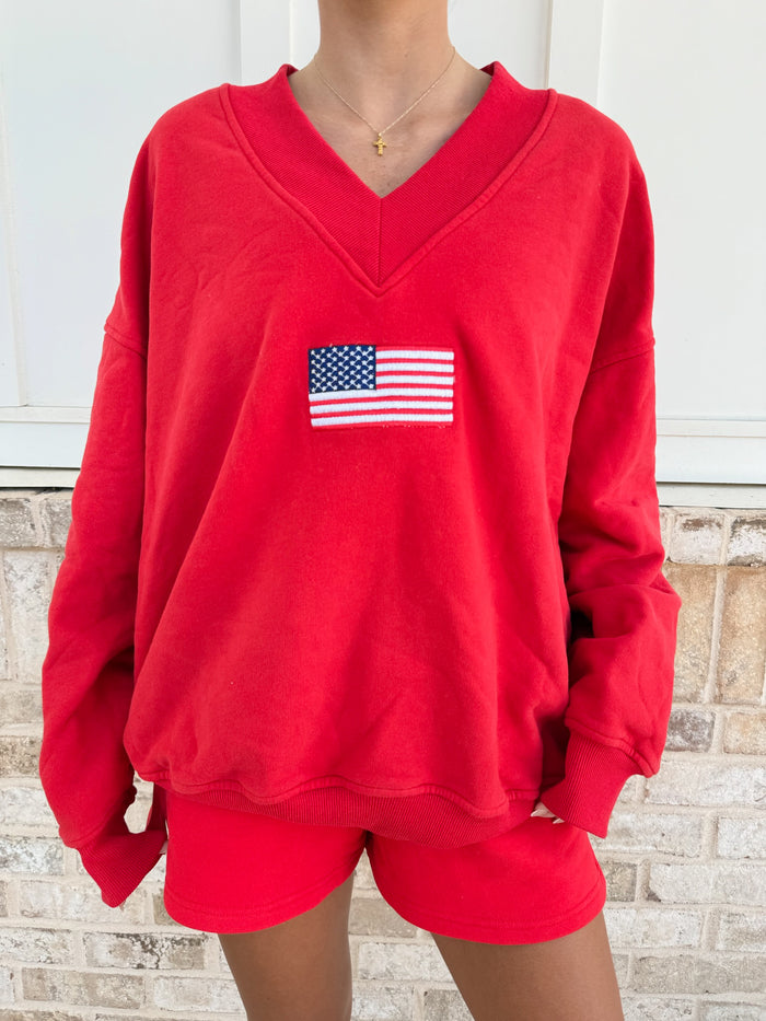 American Flag Embroider V-Neck Sweatshirt