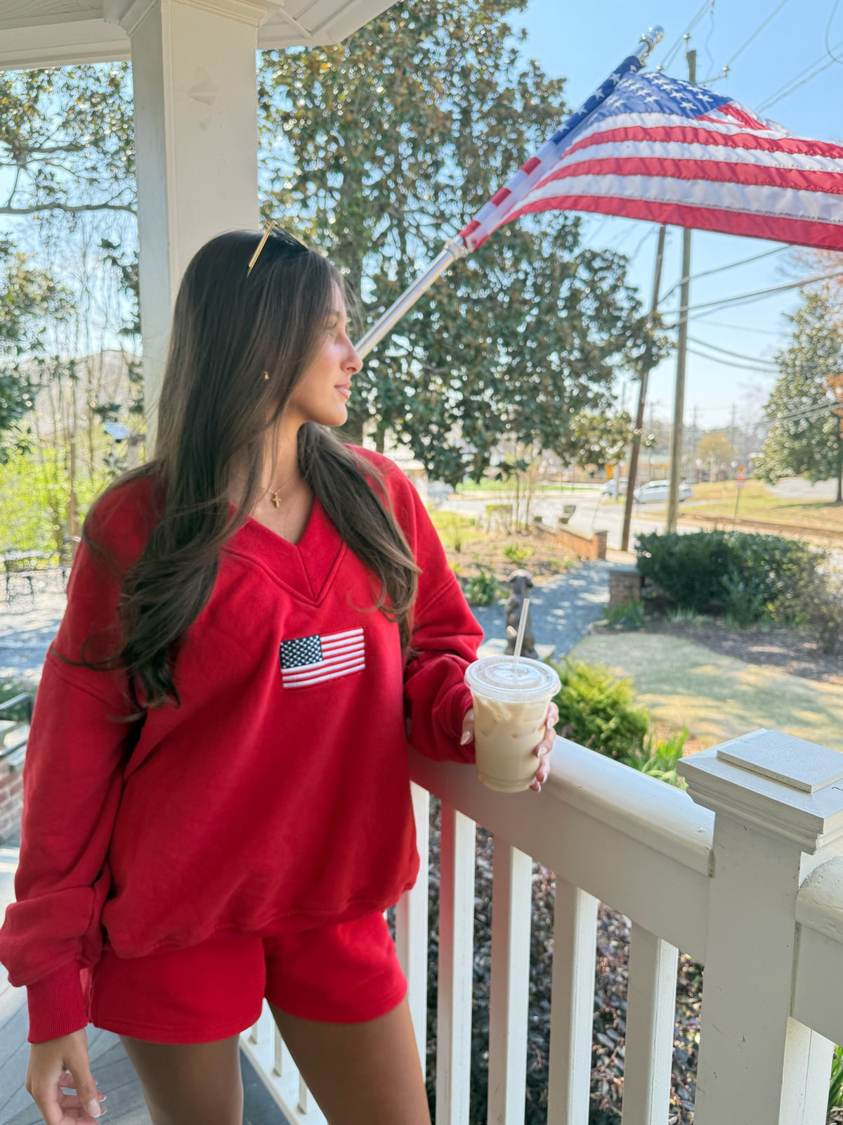 American Flag Embroider V-Neck Sweatshirt