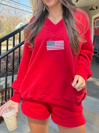 American Flag Embroider V-Neck Sweatshirt