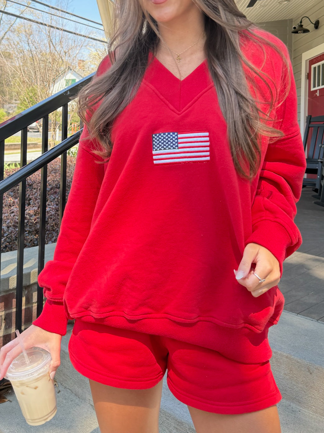 American Flag Embroider V-Neck Sweatshirt