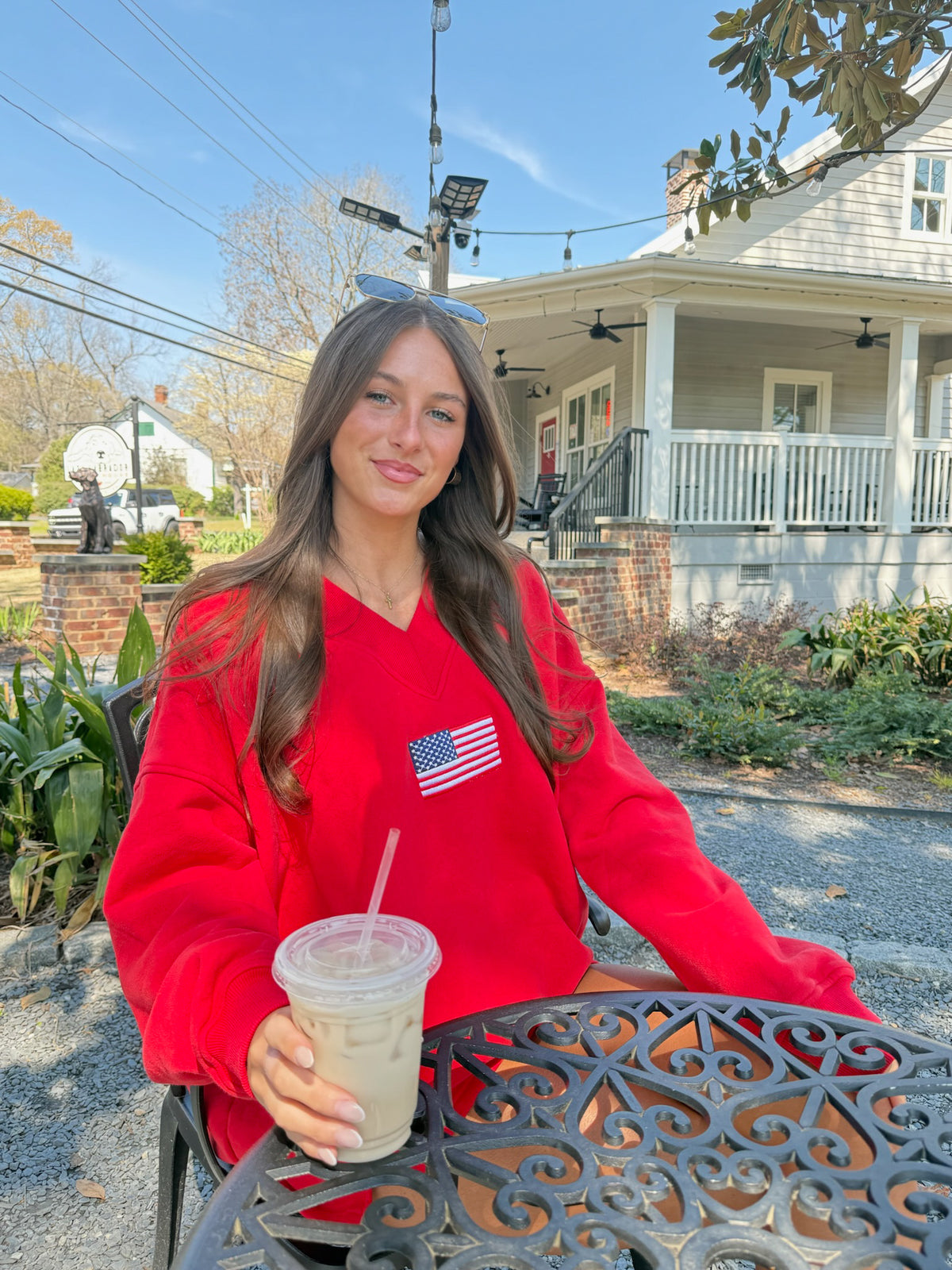 American Flag Embroider V-Neck Sweatshirt