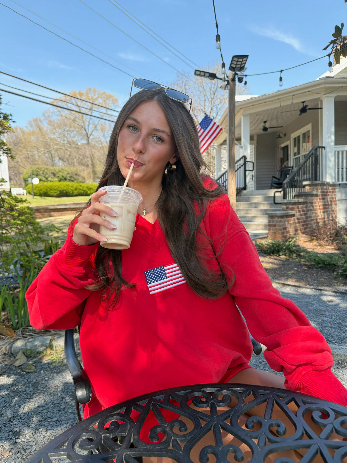 American Flag Embroider V-Neck Sweatshirt