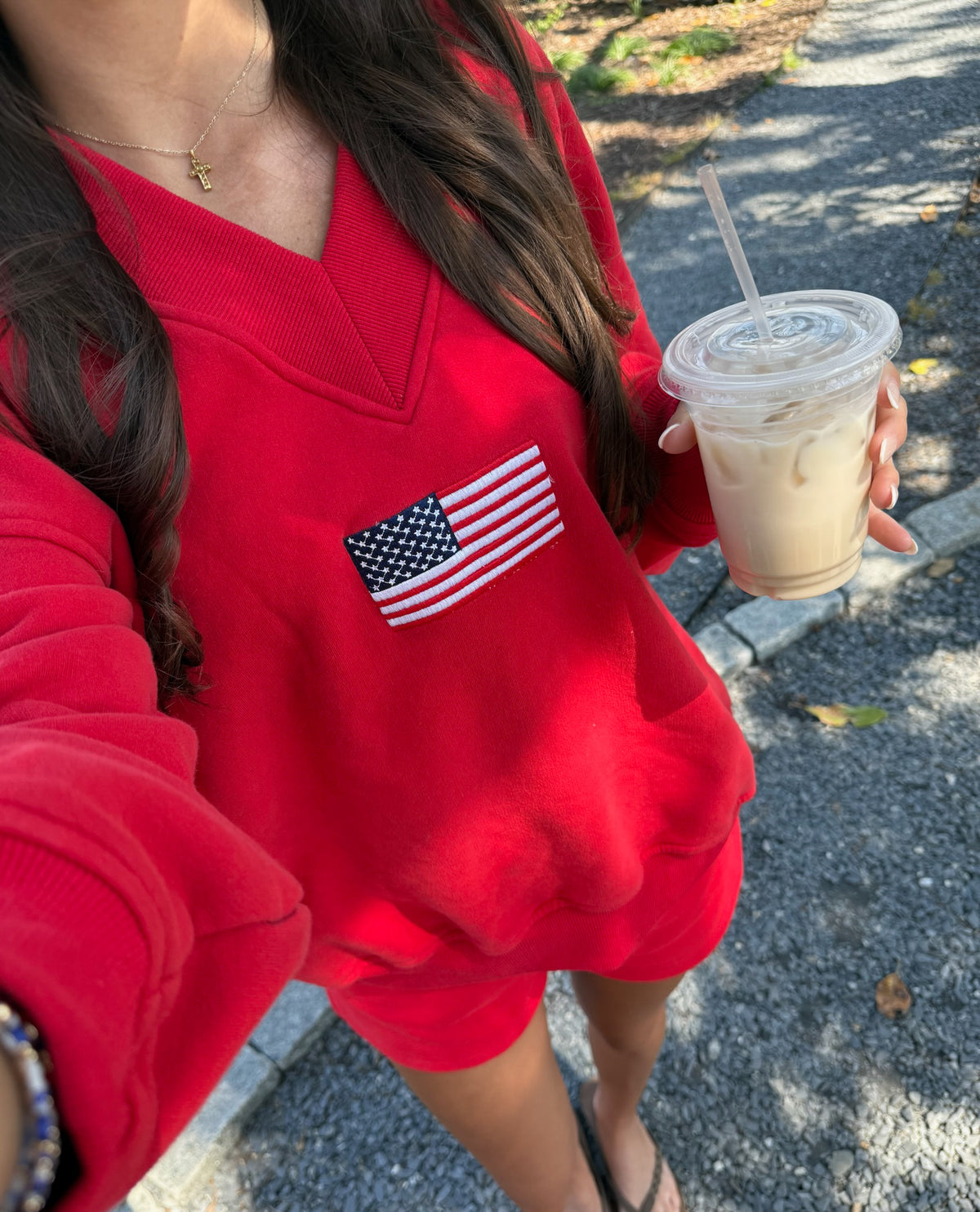 American Flag Embroider V-Neck Sweatshirt