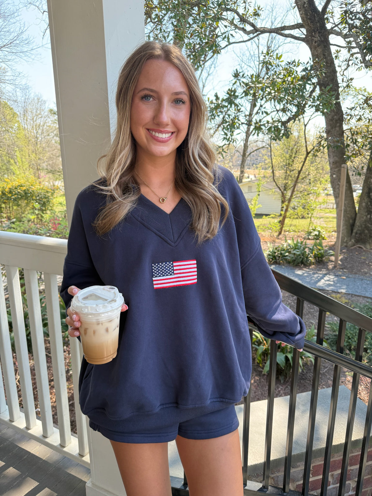 American Flag Embroider V-Neck Sweatshirt