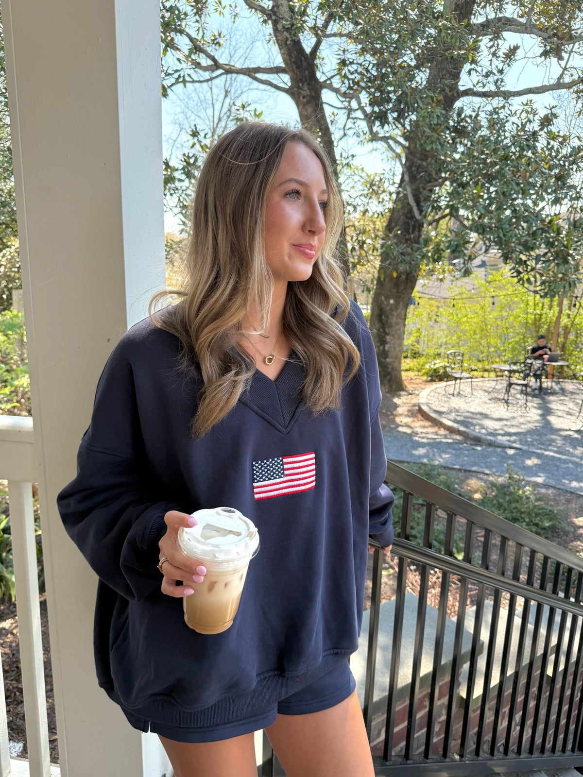 American Flag Embroider V-Neck Sweatshirt