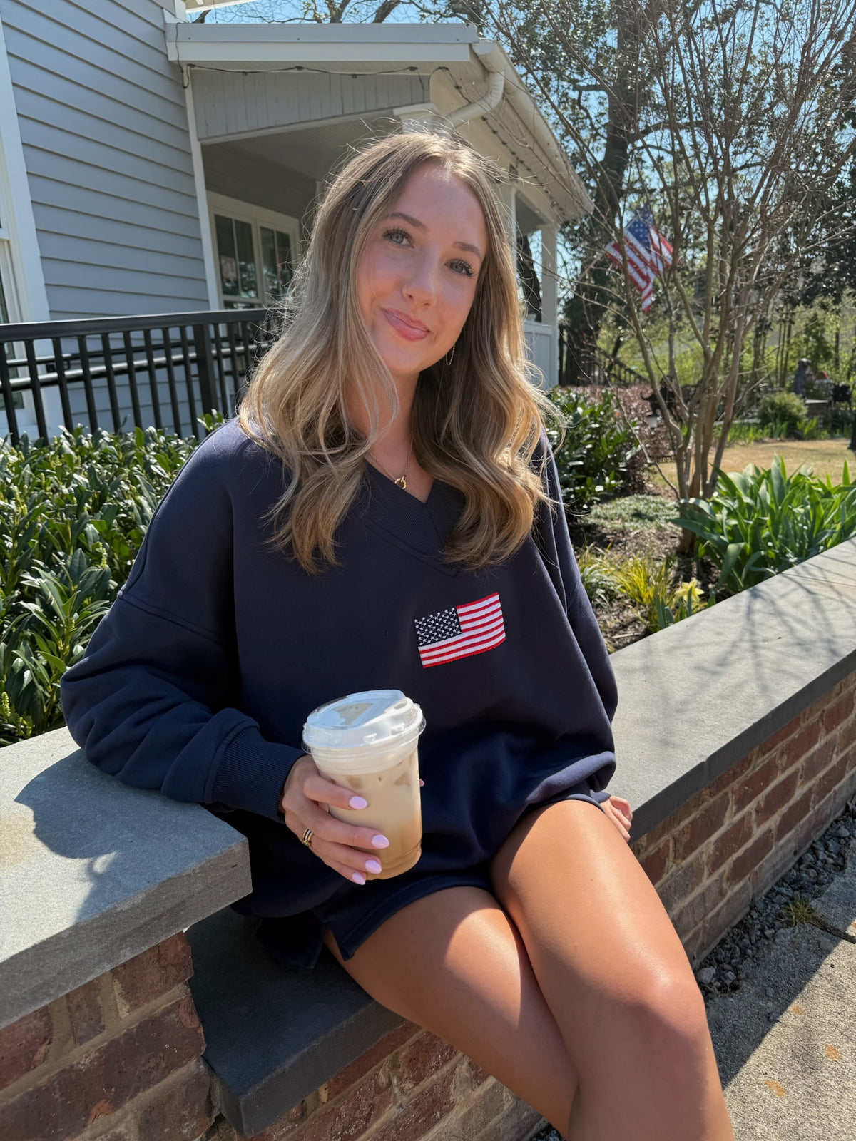 American Flag Embroider V-Neck Sweatshirt