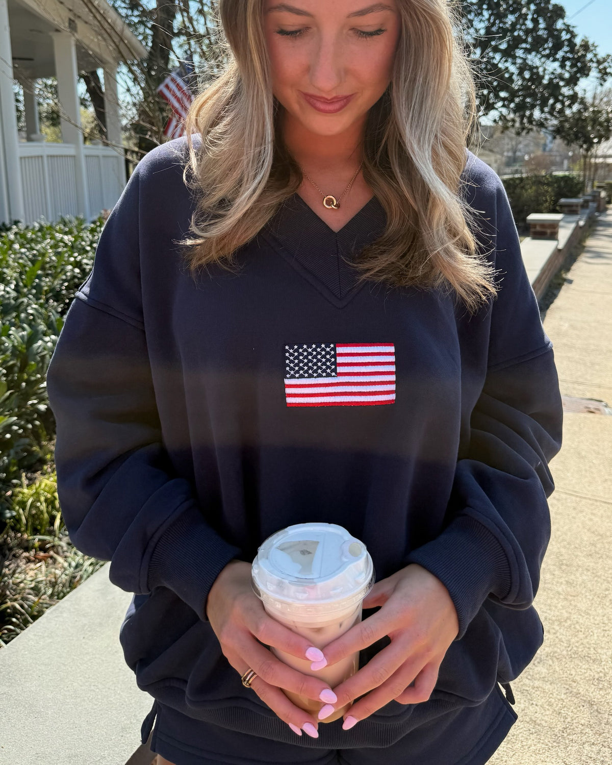 American Flag Embroider V-Neck Sweatshirt