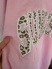 Bubblegum Pink Cheetah Print Varsity Sunkissed Embroidered Mockneck Sweatshirt 100% Cotton