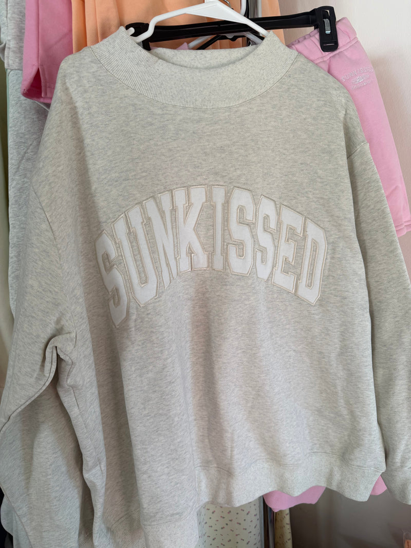 Oat Milk Grey Varsity Sunkissed Embroidered Mockneck Sweatshirt 100% Cotton