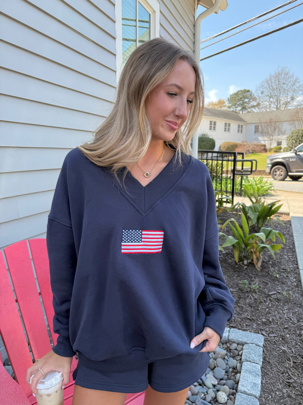 American Flag Embroider V-Neck Sweatshirt