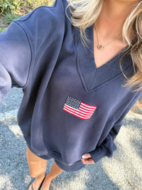 American Flag Embroider V-Neck Sweatshirt