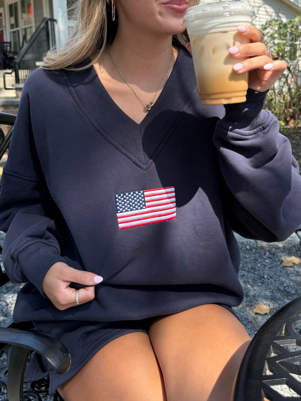 American Flag Embroider V-Neck Sweatshirt