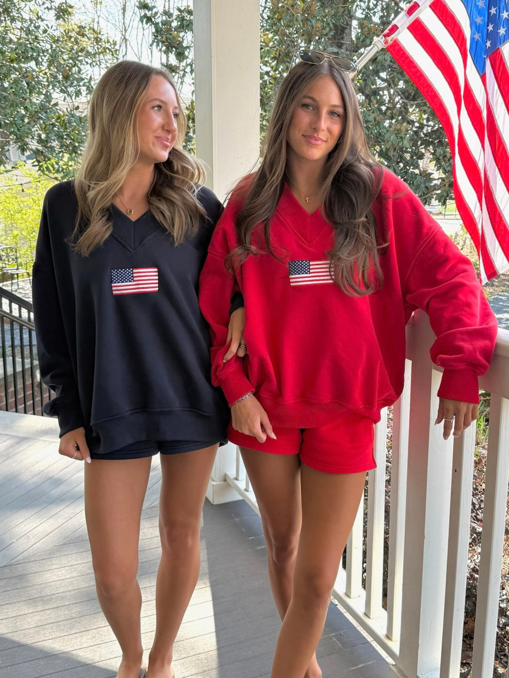 American Flag Embroider V-Neck Sweatshirt