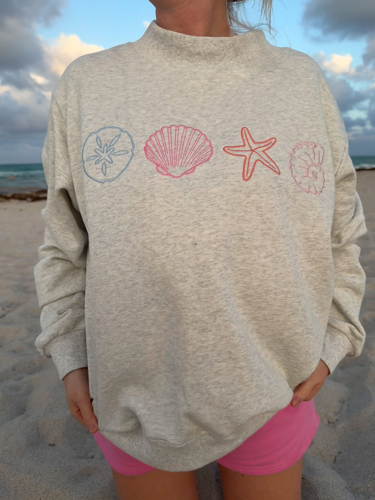 Oat Milk Grey Seashell Embroidered Mockneck Sweatshirt 100% Cotton