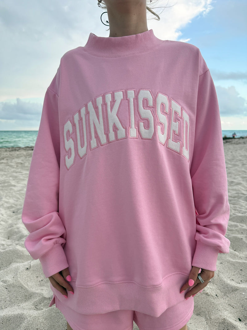 Lottie Pink Varsity Sunkissed Embroidered Mockneck Sweatshirt 100% Cotton