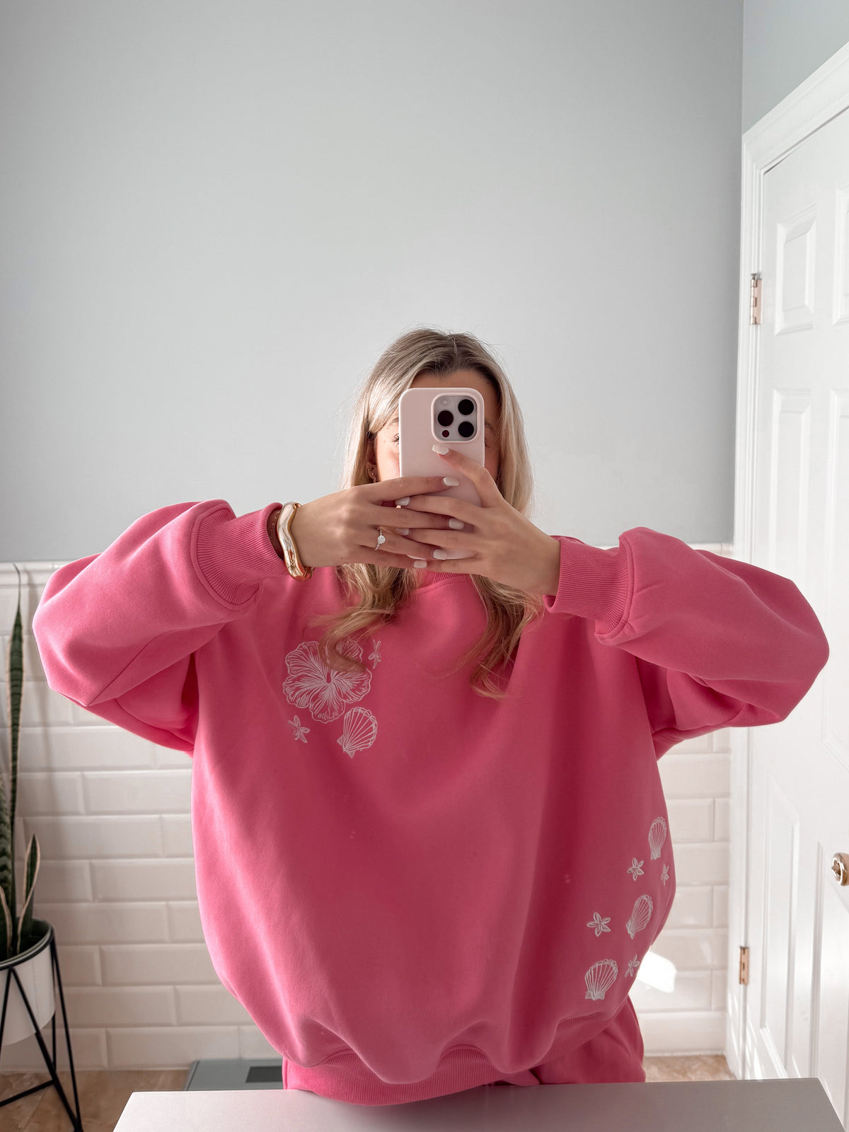 Hibiscus Pink Tropical Embroider Sweatshirt