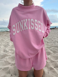 Lottie Pink Varsity Sunkissed Embroidered Mockneck Sweatshirt 100% Cotton