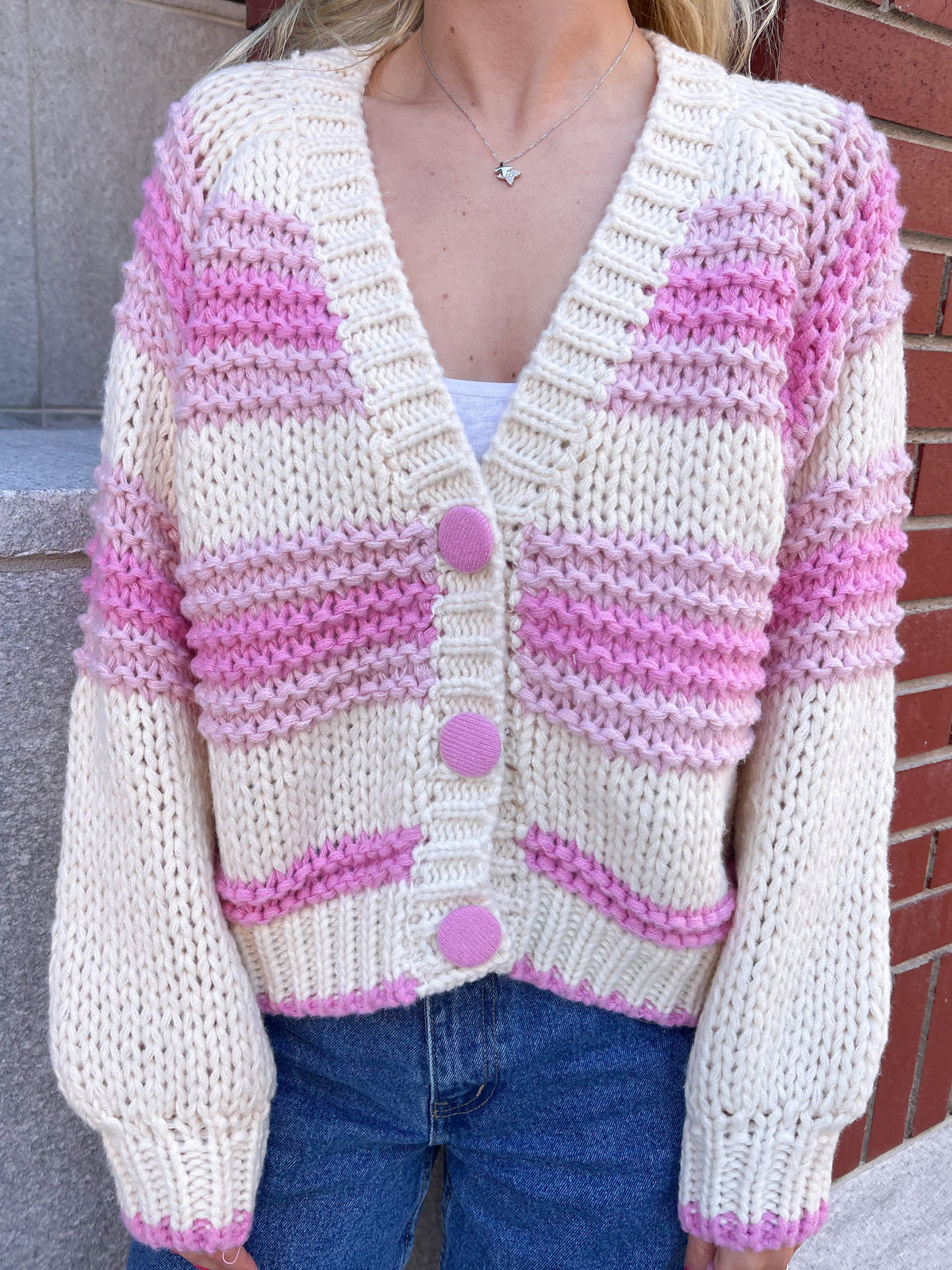 Chunky Pink Button Up Cardigan Sweater