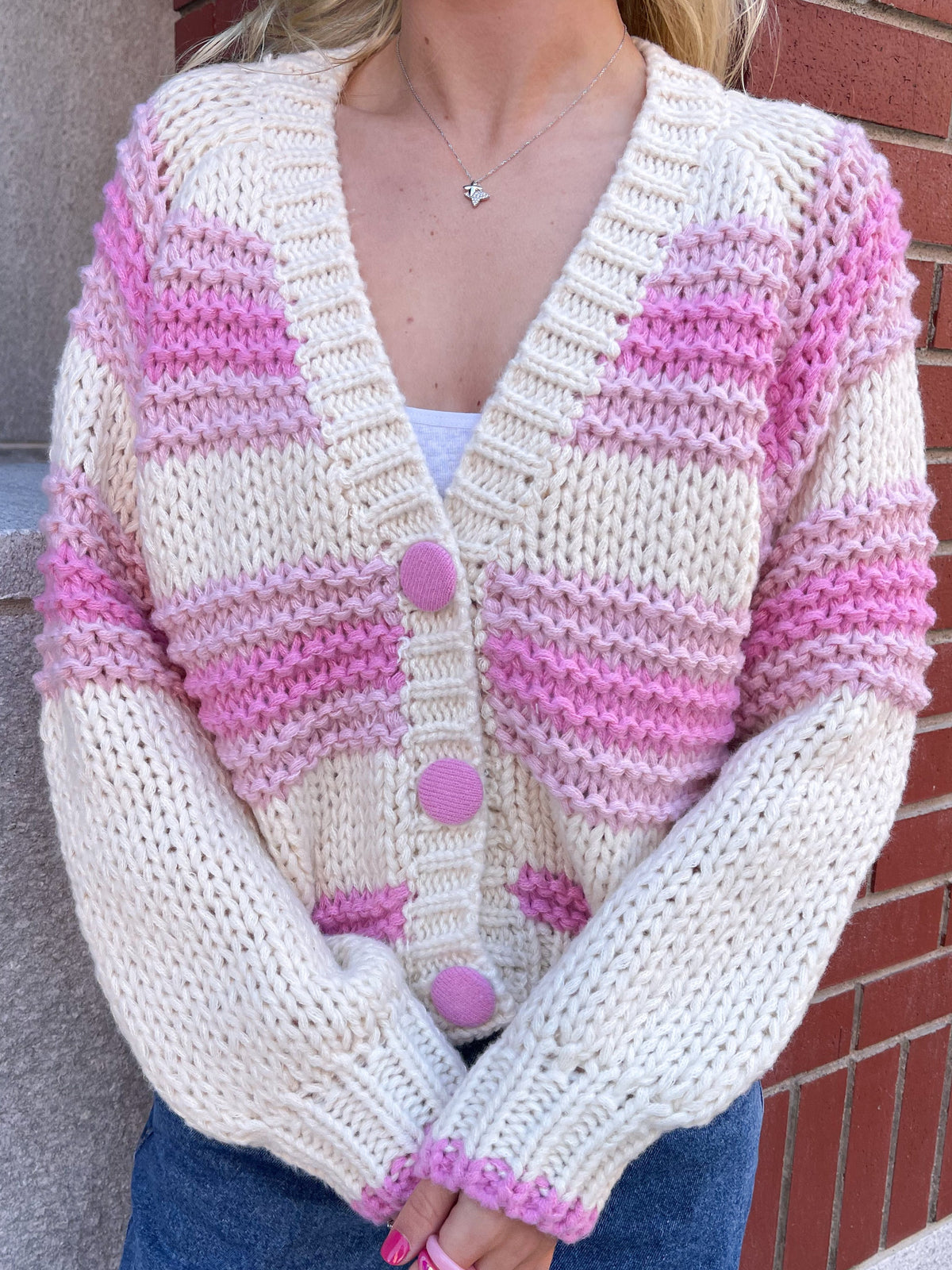 Chunky Pink Button Up Cardigan Sweater