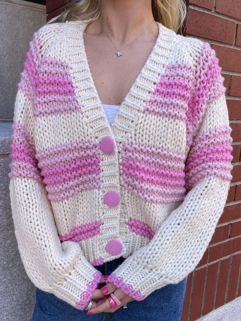 Chunky Pink Button Up Cardigan Sweater