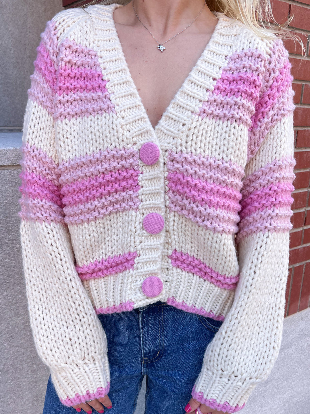 Chunky Pink Button Up Cardigan Sweater
