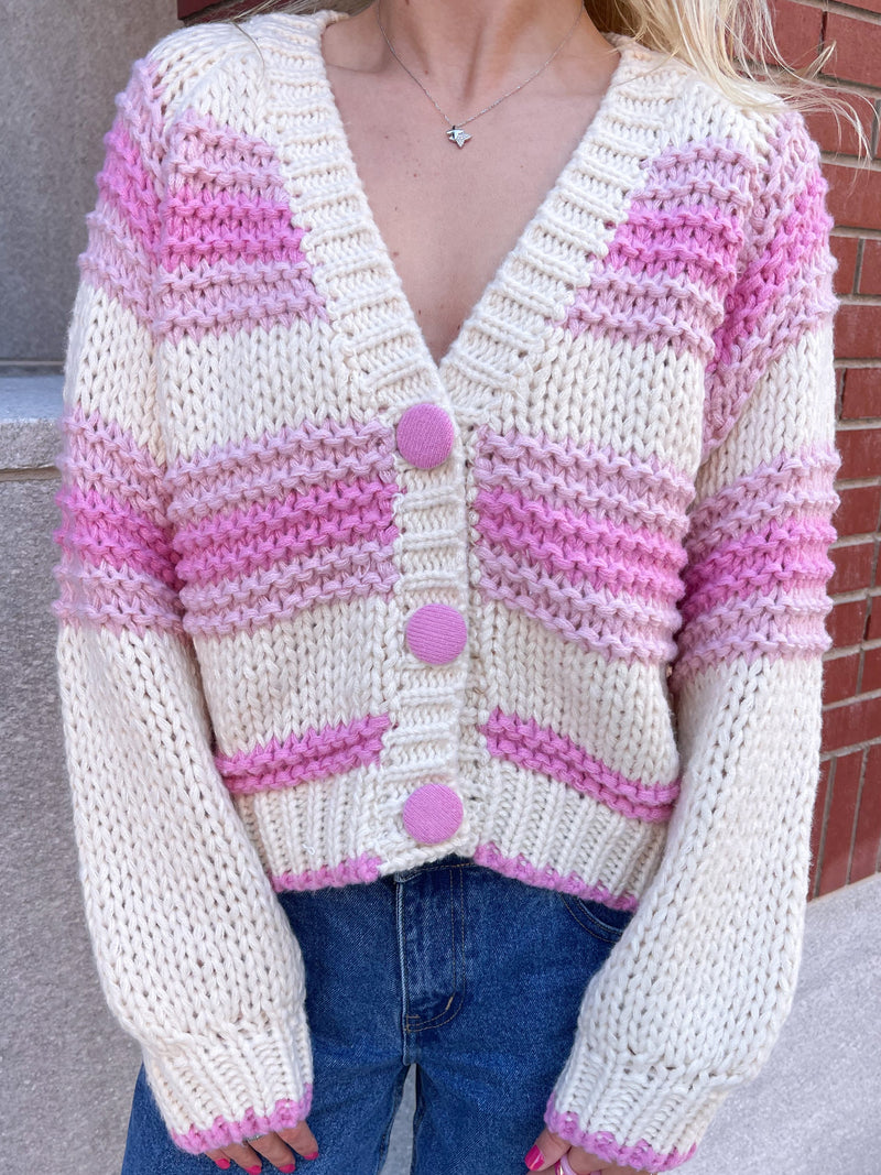 Chunky Pink Button Up Cardigan Sweater
