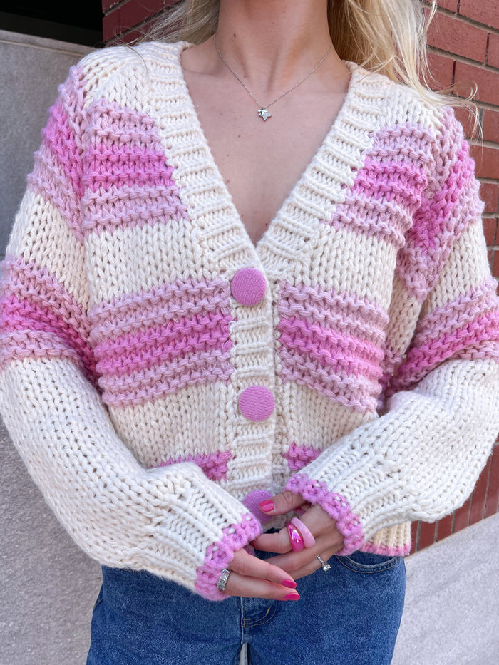 Chunky Pink Button Up Cardigan Sweater