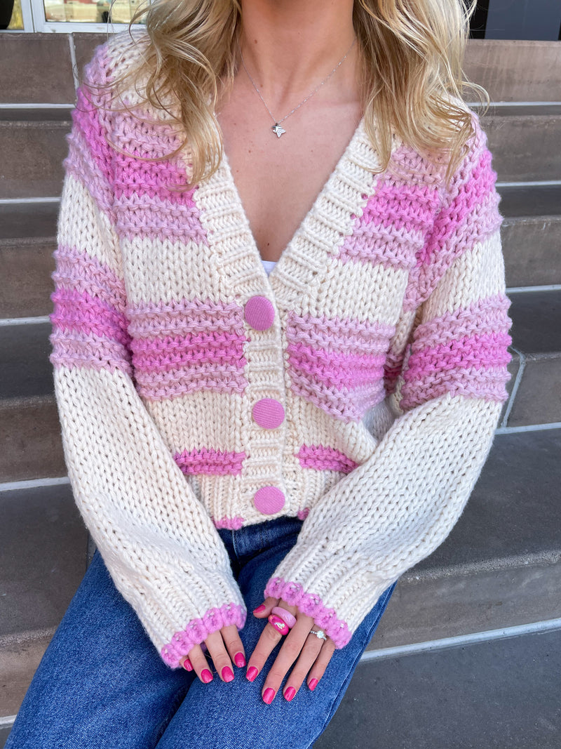 Chunky Pink Button Up Cardigan Sweater