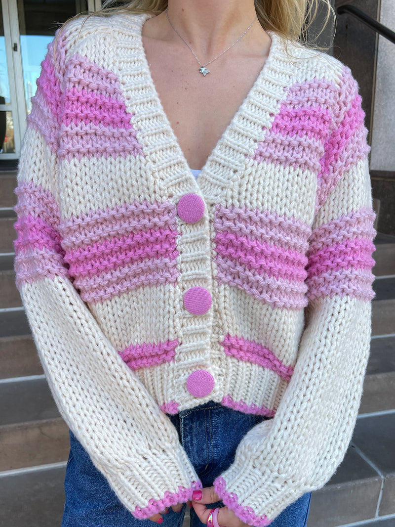 Chunky Pink Button Up Cardigan Sweater