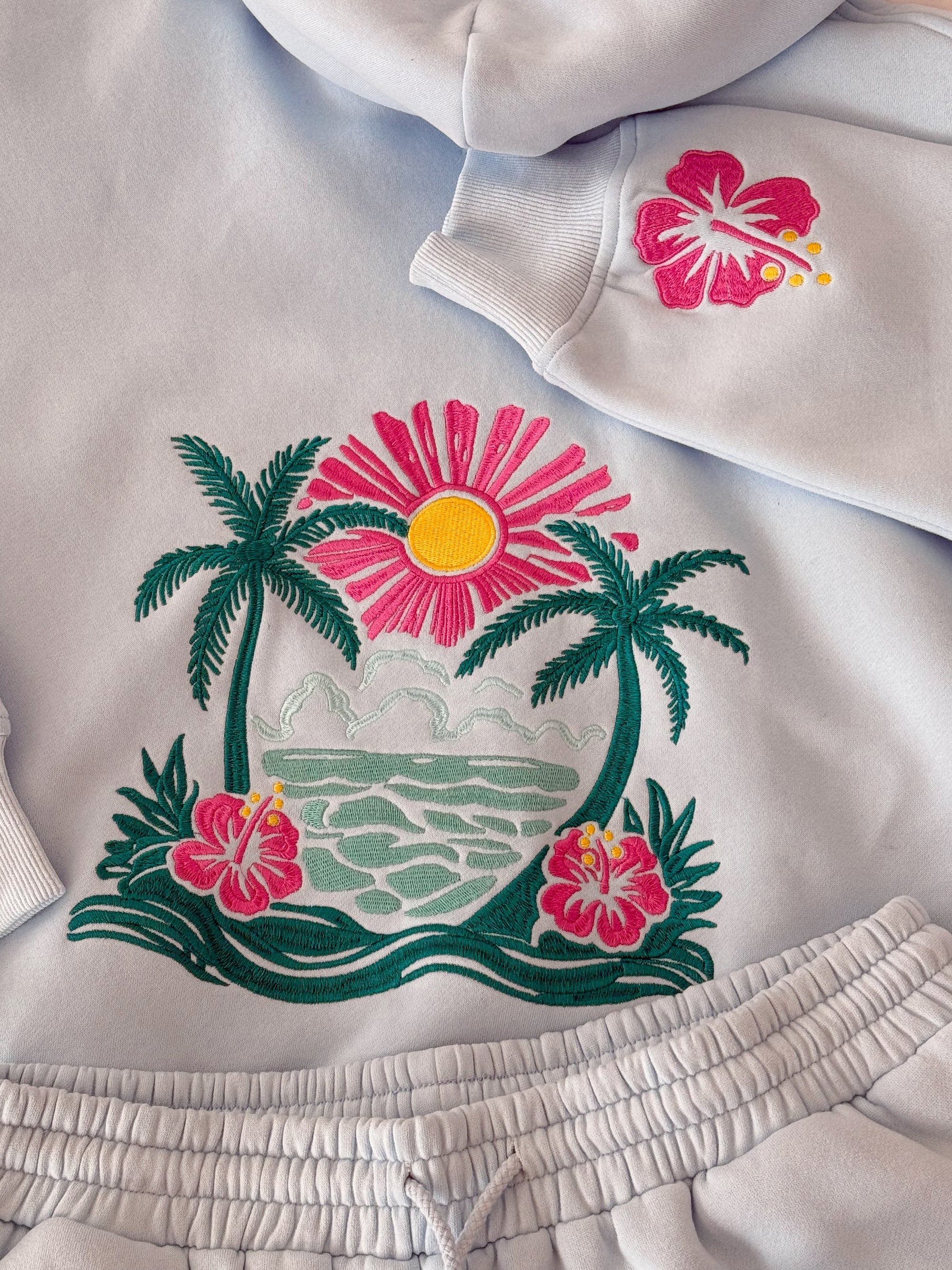 Icy Blue Hibiscus Flower Beach Babe Embroider Hoodie