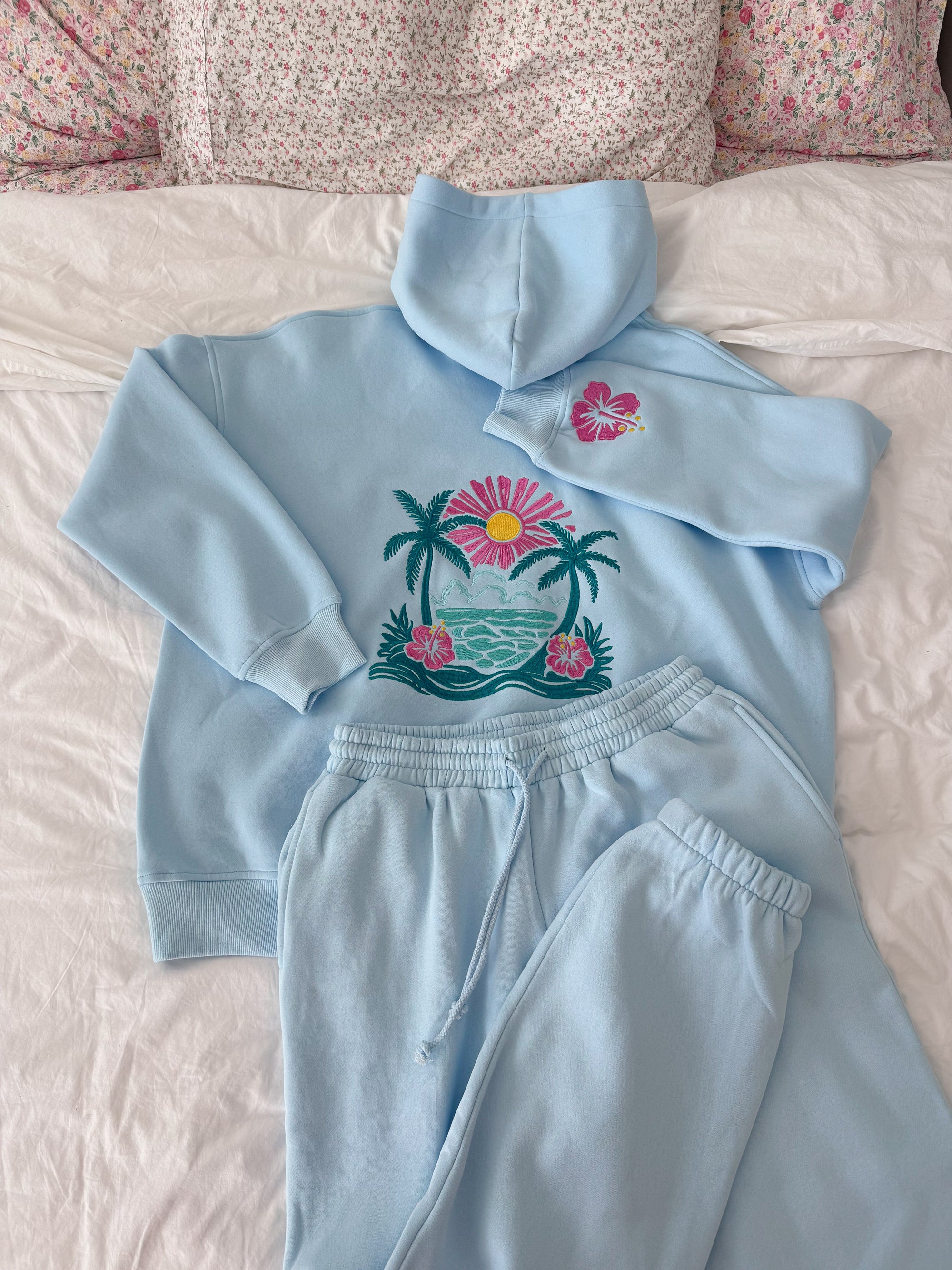 Icy Blue Hibiscus Flower Beach Babe Embroider Hoodie