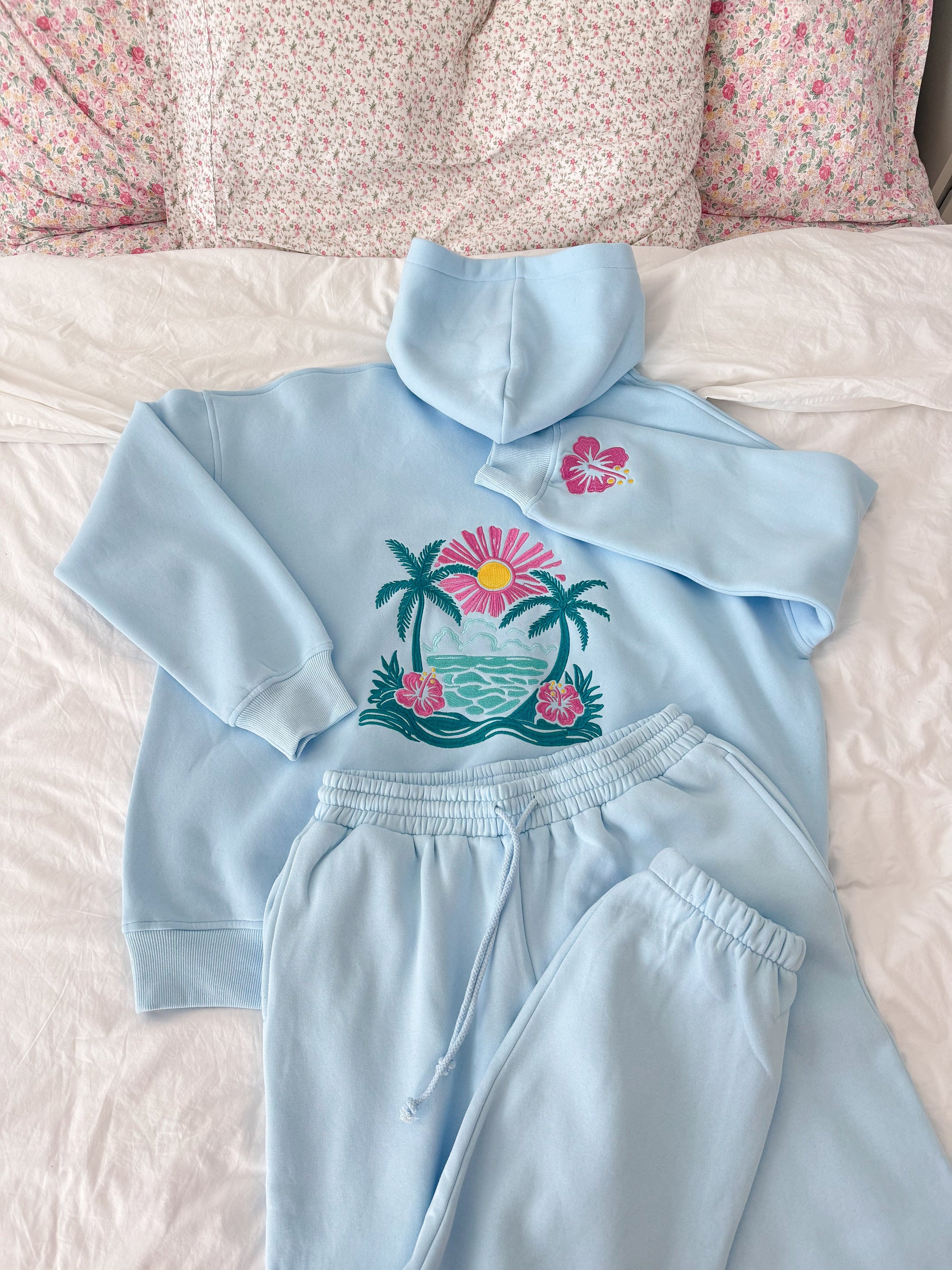 Icy Blue Hibiscus Flower Beach Babe Embroider Hoodie