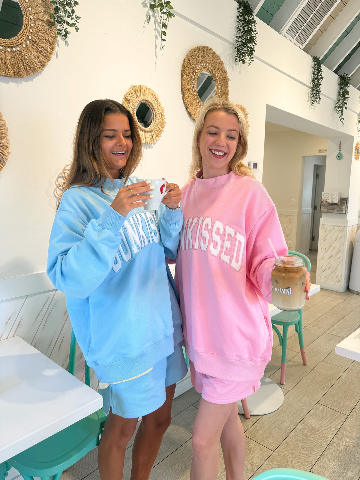 Lottie Pink Varsity Sunkissed Embroidered Mockneck Sweatshirt 100% Cotton