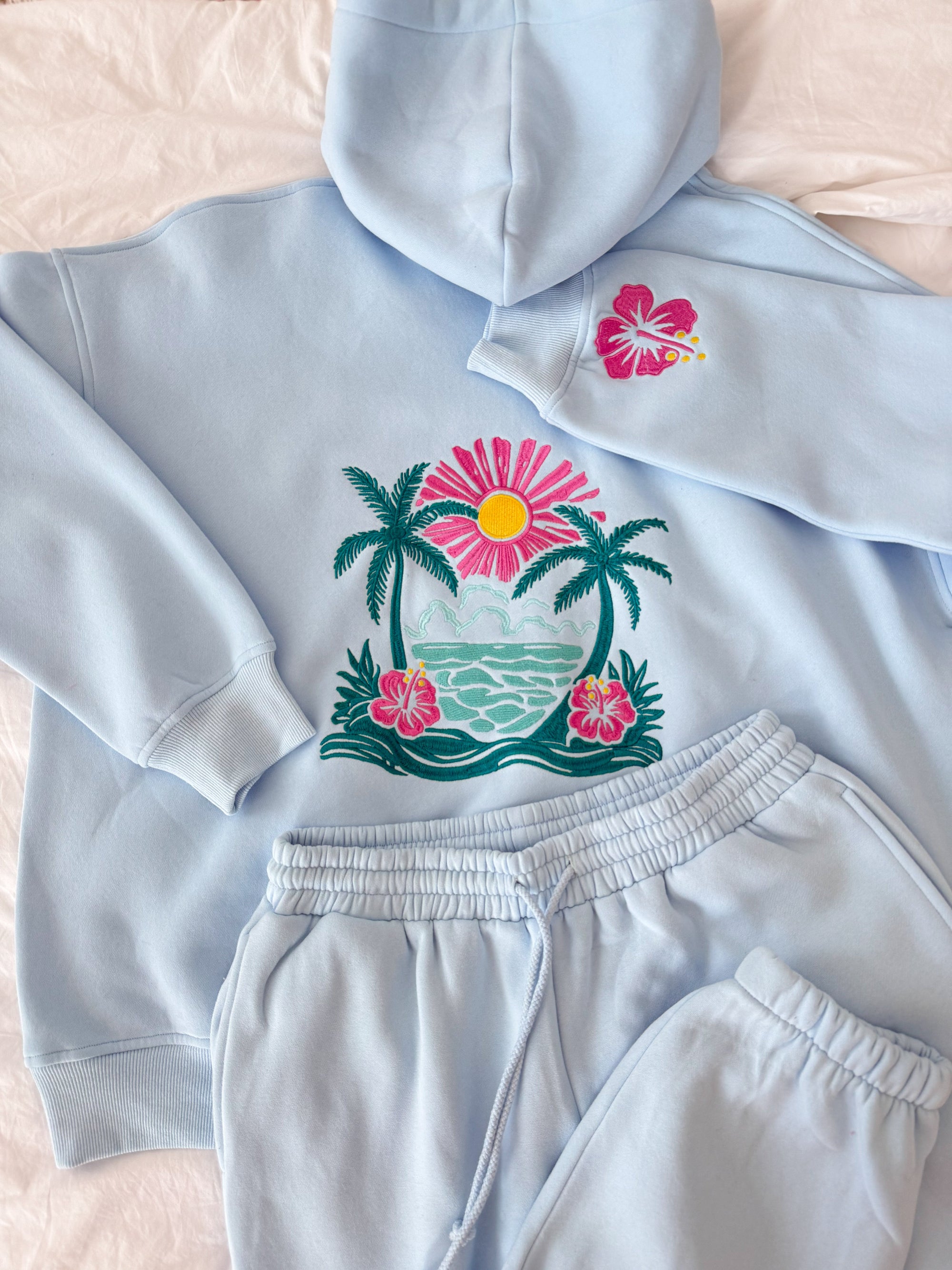 Icy Blue Hibiscus Flower Beach Babe Embroider Hoodie