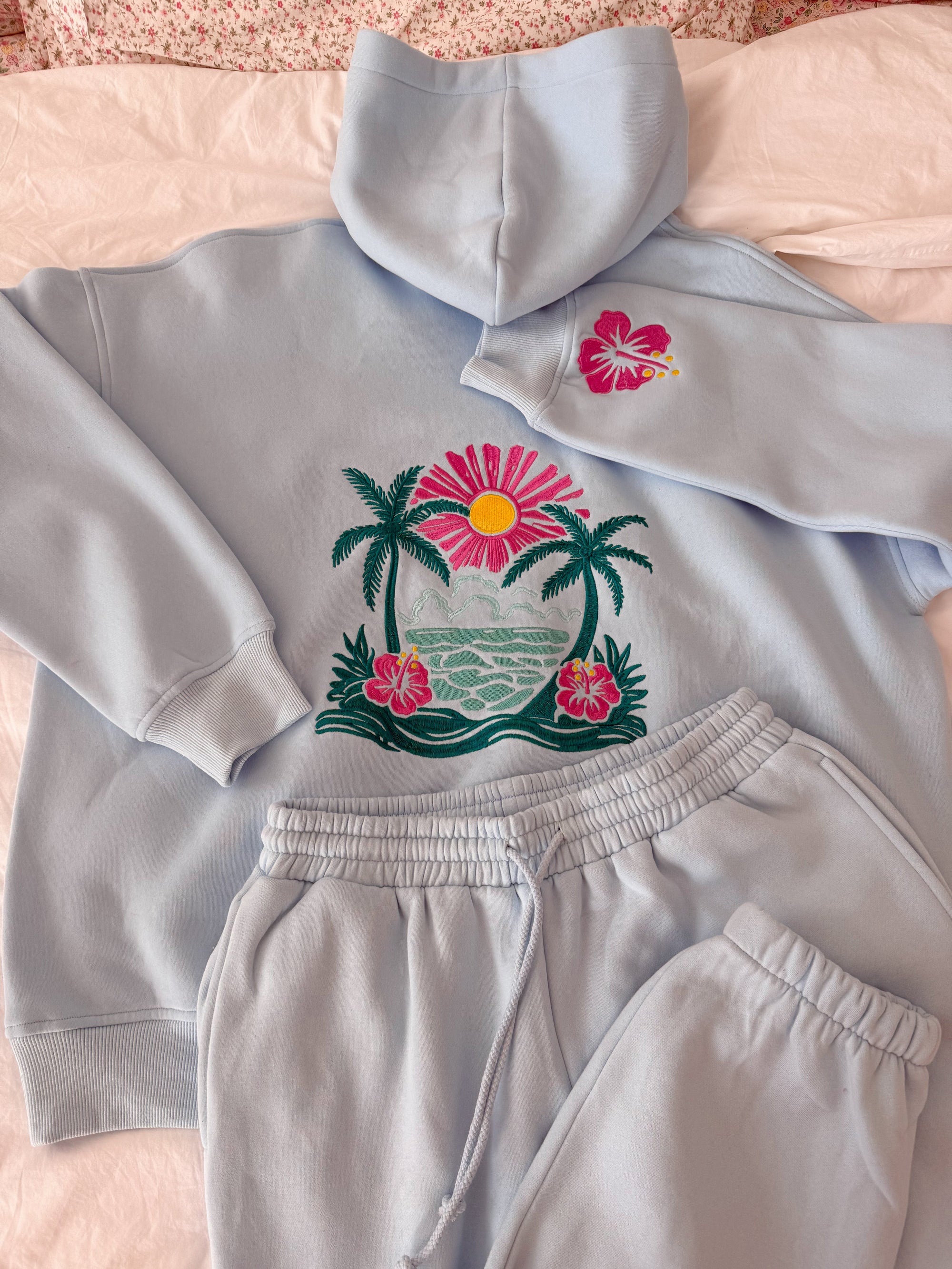 Icy Blue Hibiscus Flower Beach Babe Embroider Hoodie